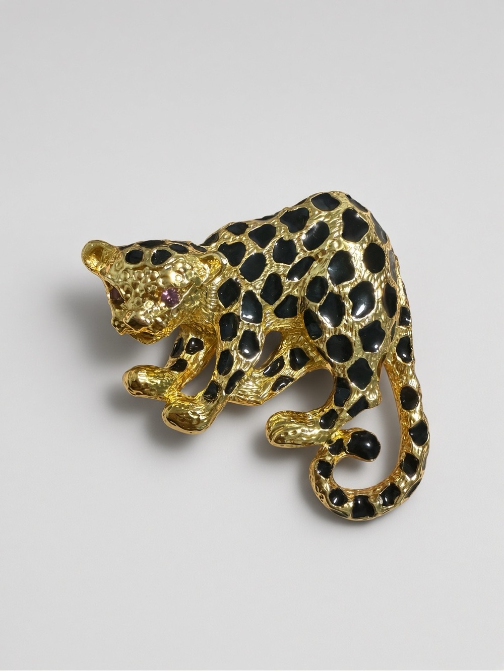 Vintage Leopard Brooch Gold Tone Cheetah Pin Enamel Purple Rhinestone Park Lane